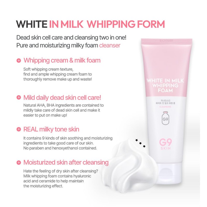 G9SKIN White in Milk Whipping Foam (120ml/4.05fl.oz) – Moisturizing Whipped