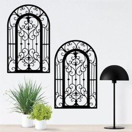 ruelen Metal Scroll Wall Decor -2 Piece Window Arch Wall Art,Wall Panels with Carved Wrought Iron. Rustic Farmhouse Style with Medallion Scroll Design for Living Room, Bathroom, Bedroom（ Black）