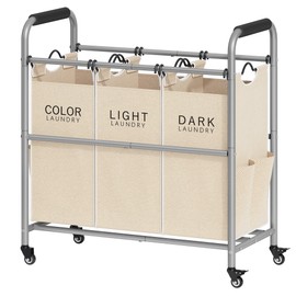 Tajsoon 3 Bag Laundry Sorter Cart, Laundry Hamper Sorter Basket with Heavy Duty Lockable Rolling Wheels for Clothes Storage, Beige