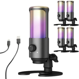 Fujirec USB Condenser Microphone, 5-Pack Gaming Microphone, RGB Unidirectional with Volume Knob and Headphone Terminal, Mute Switch (5)
