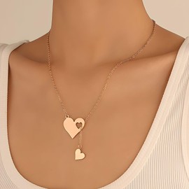 Naturepernulo Gold Heart Necklace for Women Dainty Double Heart Necklace Heart Charms Choker Silver Love Chain Valentine's Day Jewelry (Gold)