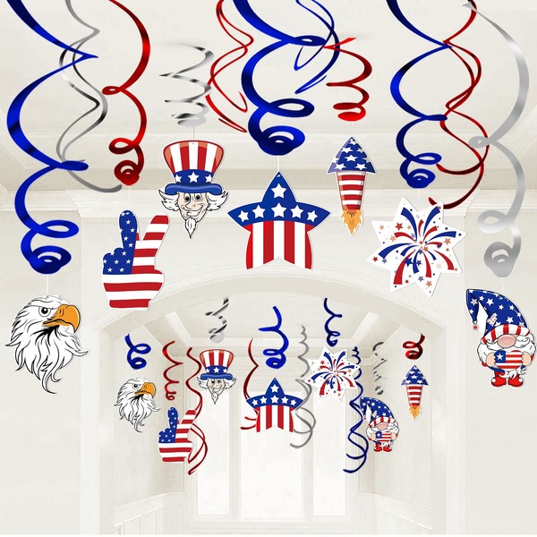 4th of July Swirl Haning Decorations Decor for Home School Office, Stars Fireworks Flags Map Party Supplies