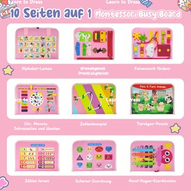TenFans Montessori Toy from 1 Year - Busy Board for Fine Motor Skills & Sensory - Travel Toy for Car/Plane with Zip, Buckles and Velcro Strap - Educational Game Gift for Girls