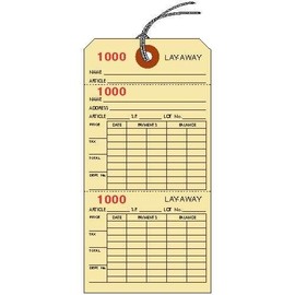 LAYAWAY Tickets/Tags, 6.25" X 3.125", Manila Cardstock, 3-Part, Consecutively Numbered, Prestrung - Pack of 25