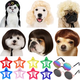 FineCheer 6 Pcs Funny Dog Wig for Cat and Dog Role Playing Wigs with Hairpin Glasses and Adjustable Elastic Band Pet Wigs and Pet Costumes for Small, Medium & Large Pets Accessories(Classic)