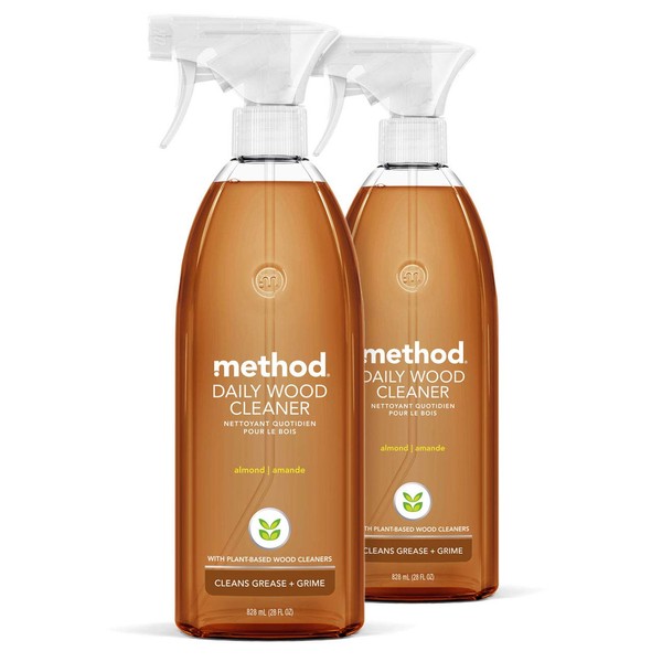 Method Daily Wood Cleaner, Almond, Plant-Based Formula That Cleans Shelves, Tables and Other Wooden Surfaces While Removing Dust & Grime, Almond Scent, 28 oz Spray Bottles, (Pack of 2)