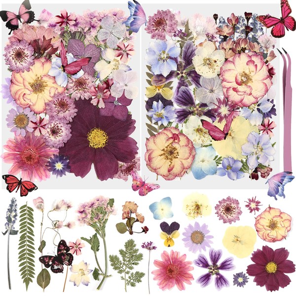 Eshow Total 90Pcs Natural Pressed Dried Flowers and Butterflies Stickers,