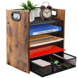 Boershun Wood Desk Organizer - 5-Tier Desktop File Organizer with Drawer, Wooden Paper Tray, Office Desk Organzier and Accessories for Papers, Mail, Notebooks, Stationery