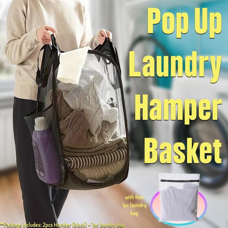 2 Pack Pop-Up Collapsible Laundry Baskets – Foldable Mesh Laundry