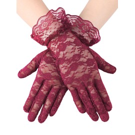 SATINIOR Ladies Lace Gloves for Women Tea Party Gloves Elegant Short Gloves Courtesy Gloves for Wedding Dinner Opera Parties (Burgundy)