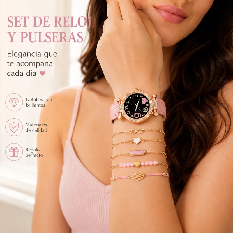 Set Reloj Cuarzo Mujer Correa Piel Rosa + 5 Pulseras