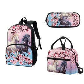 COEQINE Girls Backpack With Lunch Box Cherry Blossom Horse Backpacks For Girls Large Pencil Case Book Bag Front Zipper Pocket Lunch Box Strap Replacement For Women Girls Back School