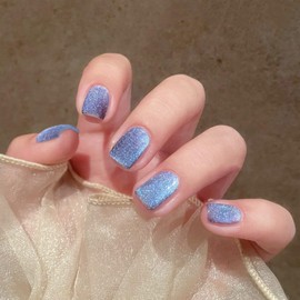 Square Press On Nails Short Blue Glitter Fake Nails Shiny Stick On Nails Opaque Acrylic Fake Nails Gel Polished Glue on Nails for Women Daily Wear 24Pcs
