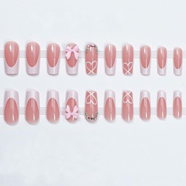 24 Pcs Pink Press on Nails Medium Square - YEFIUO White French Fake Nails Press ons Nail Art Tip Full Cover Acrylic False Nails Glue on Nails Kit with Bling Rhinestones Bow Nail Charms Design Women