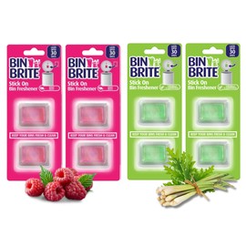 Bin Brite Stick On Bin Freshener Pack of 4-2 x each Berry Blast and Citronella & Lemongrass Scents - 2 x 5g each pack - Total of 8 Stick On Bin Freshener and Odour Eliminator