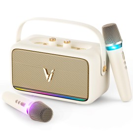 Karaoke Machine with 2 Wireless Mics & Soft Leather Wrap |mini Portable Bluetooth Speaker with 5 Voice Changer Modes for Home Party, AUX/USB/TF Support, for Kids and Adults