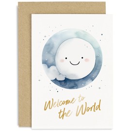 Old English Co. Welcome To The World Card - Moon and Stars New Baby Card for Parents - Congratulations to Mummy, Daddy, Grandparents - For Baby Boy or Baby Girl | Blank Inside with Envelope