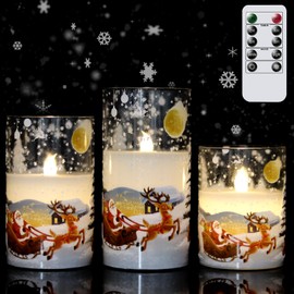 Wondise Santa Claus Glass Flameless Candles Remote and Timer, Battery Operated Real Wax LED Flickering Pillar Candles White Cold Light Window Christmas Holiday Decor D3 x H4, 5", 6"