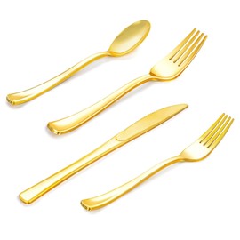 100PCS Gold Plastic Silverware Heavy Duty Plastic Cutlery Set Gold Silverware Disposable Includes 50 Forks 25 Spoons 25 Knives For Party Wedding Birthdays Entertaining Guests And Daily Use