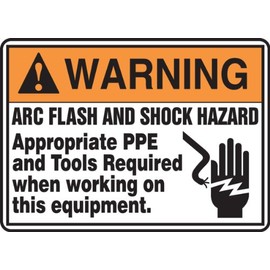 Accuform MELC361VA Aluminum Safety Sign, "Warning ARC Flash and Shock Hazard Appropriate PPE and Tools Required When Working ON This Equipment" with Graphic, 10" x 14", Orange/Black on White