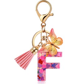 [Looking] Women Keychain Cute Stylish Alphabet Key Ring Pink Initial Letter Reel Strap Tassel Purse Backpack Charm, Pink F