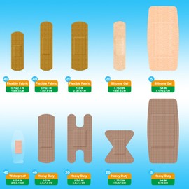 Hysimedy Adhesive Bandages Variety Pack 210 Counts Flexible Fabric Heavy Duty Waterproof Silicone Bandages Assorted Sizes Knuckle Bandages for Sensitive Skin Family Pack First Aid Kit Supplies