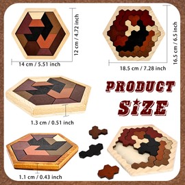 6 Pcs Wood Tangram Block Puzzle Set with Storage Bag Wooden Hexagon Tangram Puzzle Geometric Brain Teaser for Challenge Intelligence Teasers Logic Mind Game