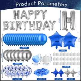 Blue Happy Birthday Balloons Banner Navy Blue Silver Birthday Balloons Letters with 6 Pcs Star Balloons Blue Artificial Rose Petals 24 Flameless LED Candles Set for Blue Birthday Party Decorations