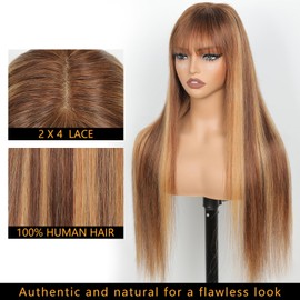 Ruiyu Ombre Highlight Human Hair Wigs with Bangs 2x4 HD Lace Front Brown Glueless Wig with Highlights Honey Blonde 4/27 Colored Straight Closure Wear and Go Brazilian Human Hair for Women 16 Inch