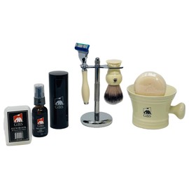 G.B.S Men's Shaving Set Five Blade Razor, Synthetic Brush and Razor Dual Stand, Ivory Shaving Mug with G.B.S Shave Soap Alum Block Travel Brush Tube and Pre Shave Oil