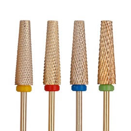 Treki 4Pcs 5 in 1 Nail Drill Bits, 3/32'' Super Long Carbide Tungsten Nail Bits Tapered Nail File Bit Set Professional Safety Bits for Manicure Pedicure Cuticle Gel Polishing(Gold)