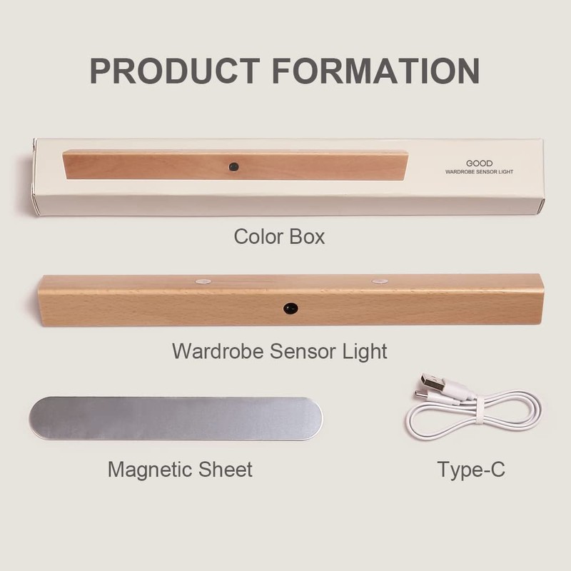 2pcs Under Cabinet Lights Wireless，Motion Sensor Closet Lights，Wooden Wireless USB