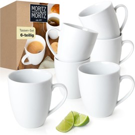 Moritz & Moritz Basic Coffee Cups Set of 6 - Approx. 350 ml Made of Premium Porcelain in Classic White - Stylish Design with Handle - Perfect for Coffee, Tea, Hot Chocolate, Cappuccino