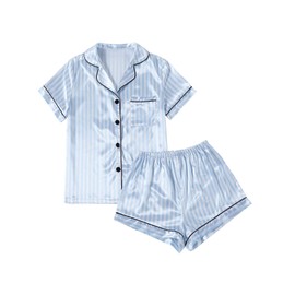 LYANER Women's Striped Silky Satin Pajamas Short Sleeve Top with Shorts Sleepwear PJ Set Light Blue Medium