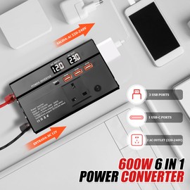 WODHMIEY 600W Car Power Inverter 12V/24V to 230V Vehicle Voltage Converter with 2 Sockets, 3 USB, 1 Type-C, Dual LED Display, Ideal for Camping, Travel, Motorhomes, Lorries & Emergency Power Supply