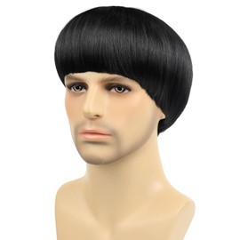 Black Mushroom Wig for Men Short Bowl Cut Wigs for Halloween Party Funny Bob Wigs with Bangs for Man Costume Cosplay (Black)