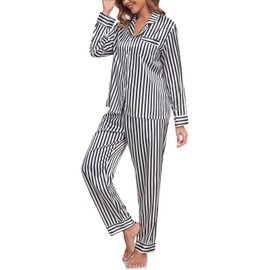 BestWendding Womens Satin Pajama Set Soft Long Sleeve Button Down Sleepwear 2 Piece Striped Lounge Sets with Pocket, Black White M