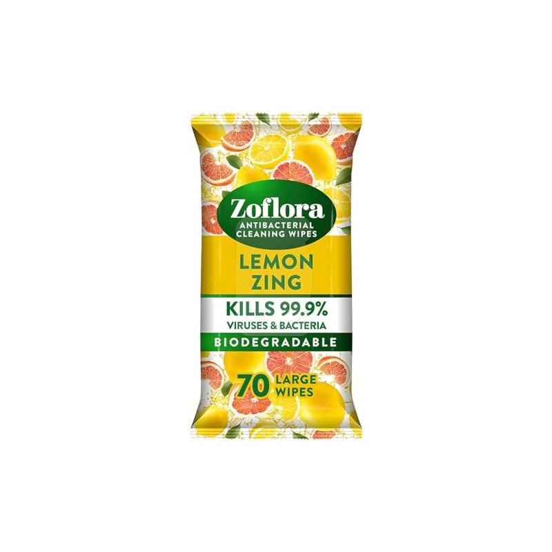 Zoflora Antibacterial Multi-Surface Cleaning Wipes Lemon Zing 70 Large Wipes,