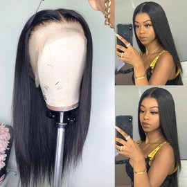 Ambeson Brazilian Human Hair 13X4 Lace Front Wigs Glueless 150% Density Long Straight Hair for Fashion Women Pre PluckedHuman Hair Lace Front Wigs Natural Black Color
