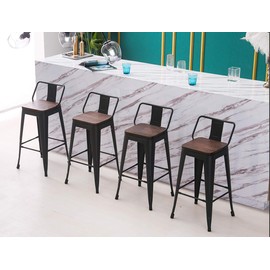 HAOBO Home 26" Low Back Metal Counter Stool Height Bar Stools with Wooden Seat [Set of 4] Barstools, Matte Black