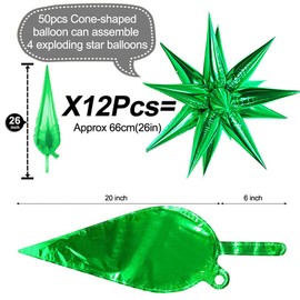 50 Pcs Green Foil Cone Star Balloons Big 26 inch Fruit Green Explosion Star Mylar Balloons 12 Point 3D Starburst Star Balloons for Party Supplies Christmas Birthday Wedding Decorations Party Supplies