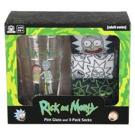 Culture Fly Rick and Morty 3 Pairs of Socks Plus Character Design Pint Glass Gift Set Bundle