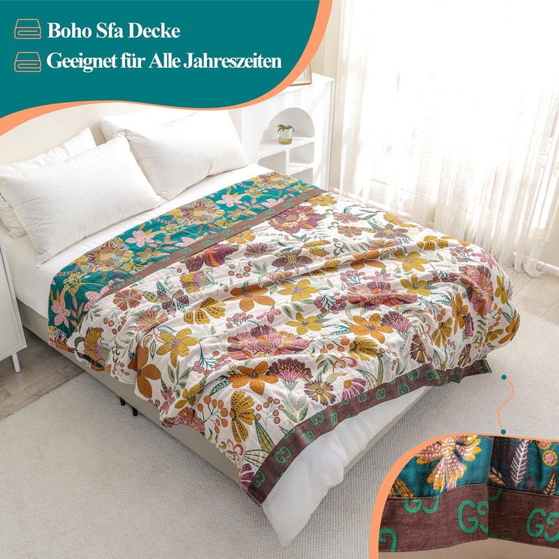 HOORDRY Cotton Blanket, Bedspread, 100% 4-Layer Prewashed Cuddly Blanket, Breathable