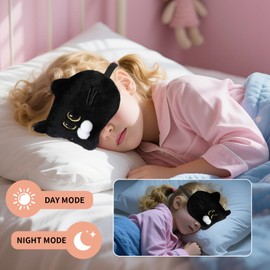 Flyingmage Cute Sleep Eye Masks for Kids, Kawaii Cartoon Kids Sleeping Mask for Women Boys Girls Teens, Soft Plush Adjustable Eyeshade Silk Travel Nap Eye Cover, Black Cat