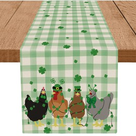 St. Patrick's Day Table Runner Chicken Shamrock Green Buffalo Plaid Seasonal Kitchen Dining Table Indoor Outdoor Party Decorations 13x72 Inch
