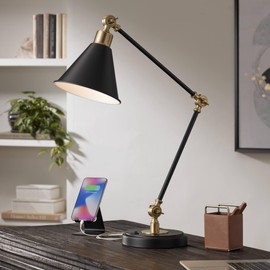 360 Lighting Wray 26 3/4" High Modern Adjustable Desk Lamp with USB Charging Ports A+C Painted Black Brass Metal Cone Shade for Living Room Bedroom House Bedside Nightstand Home Office Reading