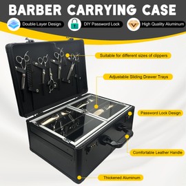 Professional Barber Case(16.5 x 7.2 x 11.8 inches), Barber Suitcase with Acrylic Sliding Tray,Barber Cases for Clippers and Supplies,Barber Clipper Case with Combination Lock (Black)