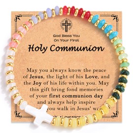 FIEEFX First Communion Gifts for Girls, 1st Communion Colorful Cross Bracelet Christian Catholic Religious First Holy Communion Decorations for Daughter Granddaughter Niece Sister with Communion Card