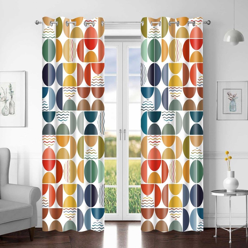 Colorful Abstract Curtains Geometric Circle, Mid Century Modern, 42x84in