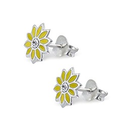 Yellow Daisy Flower Earrings with Crystal Stones - 925 Sterling Silver